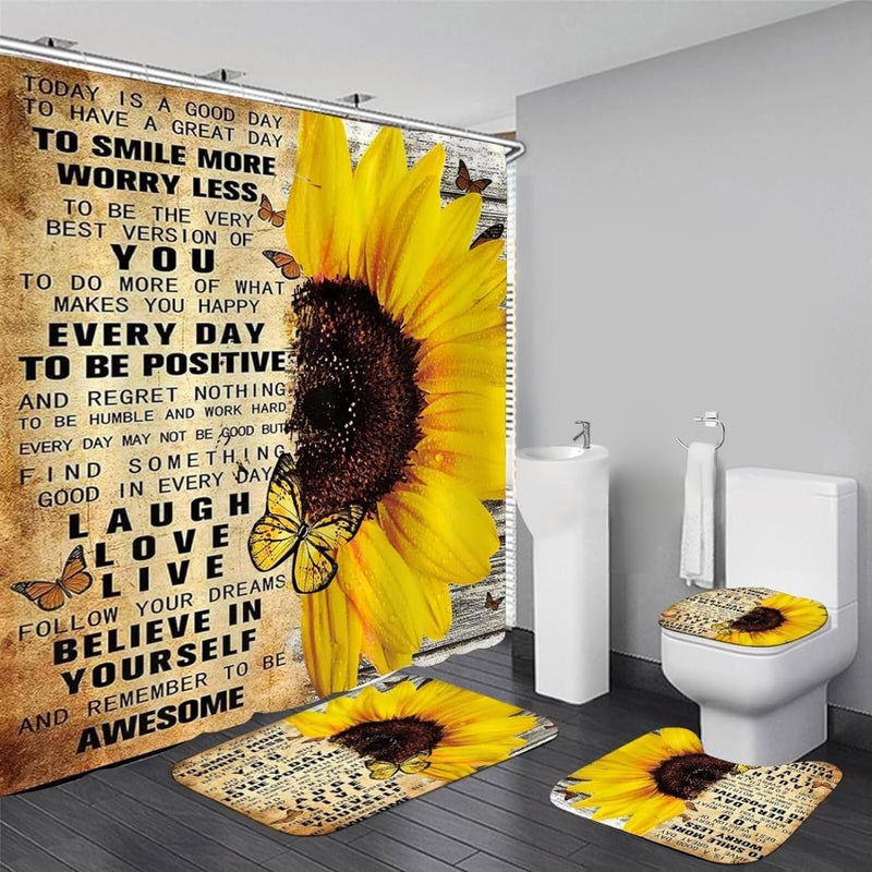 AZHM 4pcs Shower Curtain Sets with Rugs Sunflower Bathroom Set Decor Inspirational Quotes Bathroom Curtains Shower Set with Rugs and Accessories - Image 1