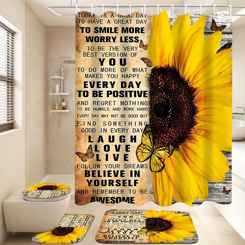 AZHM 4pcs Shower Curtain Sets with Rugs Sunflower Bathroom Set Decor Inspirational Quotes Bathroom Curtains Shower Set with Rugs and Accessories - Image 2