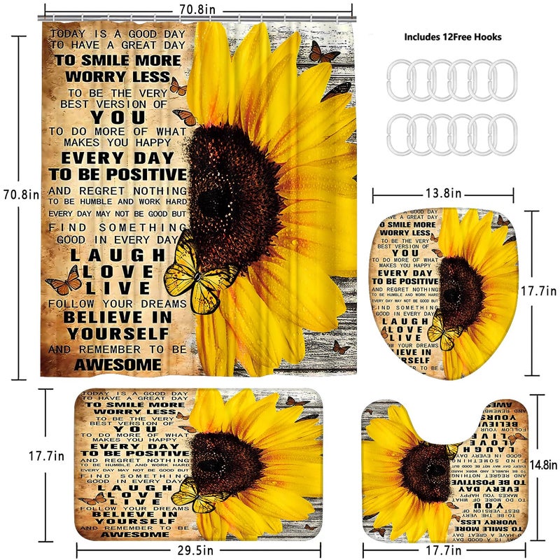 AZHM 4pcs Shower Curtain Sets with Rugs Sunflower Bathroom Set Decor Inspirational Quotes Bathroom Curtains Shower Set with Rugs and Accessories - Image 5