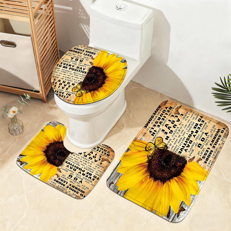 AZHM 4pcs Shower Curtain Sets with Rugs Sunflower Bathroom Set Decor Inspirational Quotes Bathroom Curtains Shower Set with Rugs and Accessories - Image 3