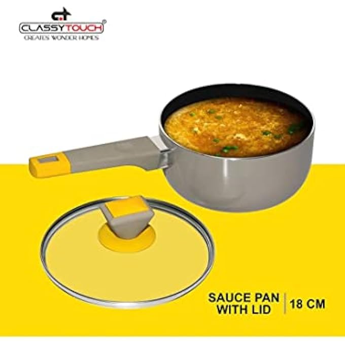 كلاسي تاتش قدور صلصة غير لاصقة بأغطية زجاجية، قاعدة مسطحة، قدر صلصة، قدر شاي، قدر حليب، قدر صلصة تابيلي باتيلا، أواني طهي بأغطية، قدر صلصة قطر 18 سم مع غطاء، سعة 15 لتر، ألومنيوم غير لاصق - Image 3