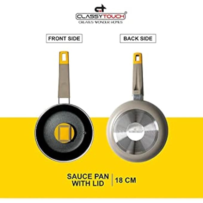 كلاسي تاتش قدور صلصة غير لاصقة بأغطية زجاجية، قاعدة مسطحة، قدر صلصة، قدر شاي، قدر حليب، قدر صلصة تابيلي باتيلا، أواني طهي بأغطية، قدر صلصة قطر 18 سم مع غطاء، سعة 15 لتر، ألومنيوم غير لاصق - Image 2