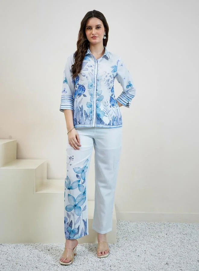 Athena Blue Floral Shirt and Trousers Co-ords
