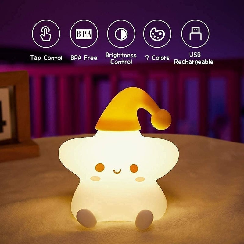 One94Store مصباح ليلي سيليكون نجم | مصباح LED قابل لإعادة الشحن عبر USB مع 7 أوضاع تنفس | ضوء حضانة سيليكون ناعم لديكور غرفة نوم الأطفال | هدية مثالية للأطفال الرضع والصغار، أبيض - Image 2