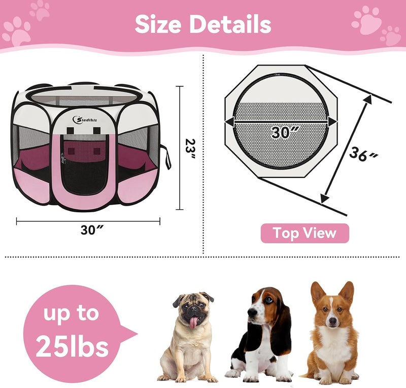 Siedihit Pink Puppy Playpen for Middle Dog Cat, Dog Tent Crates Cage Indoor/Outdoor, Portable Pop Up Dog Kennel with Carrying Bag for Rabbits, Removable Top (Pink, Medium (36" x 36" x 23")) - Image 3