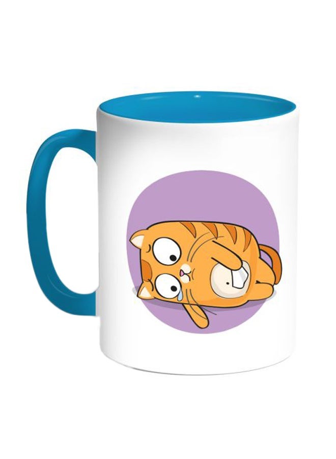 RYN Cat Expression Graphics Printed Coffee Mug Blue/White/Yellow 11ounce