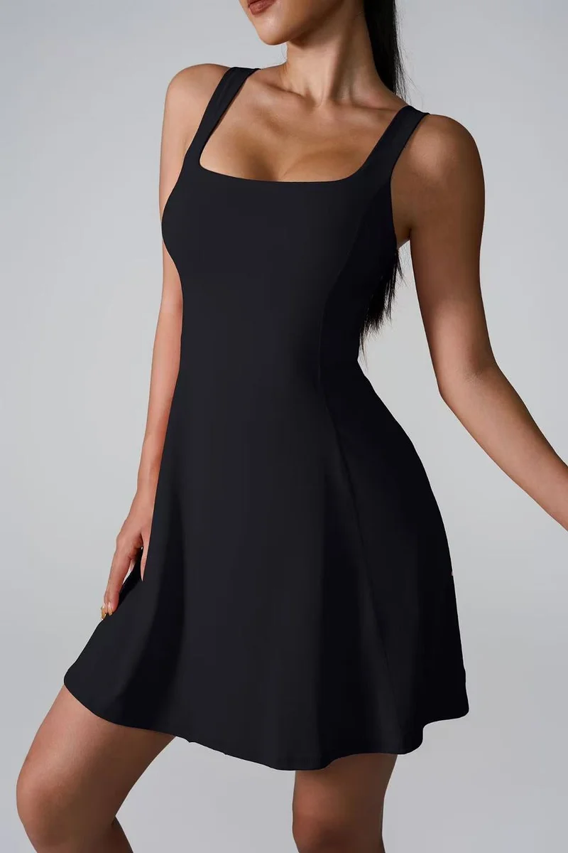 SVL Women's Active Dress with Built-In Bra, Removable Pads, Inner Shorts and Hidden Pocket - Black - SVL