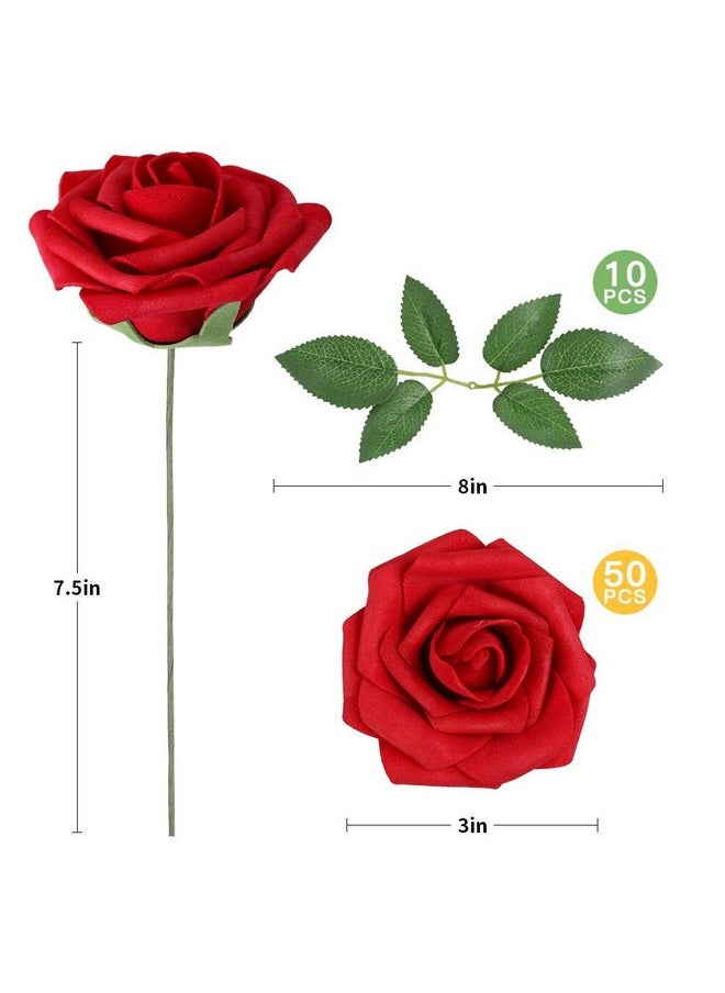 AmyHomie - AmyHomie Artificial Flowers Dark Red Rose 50pcs Real Looking Fake Roses w/Stem for DIY Wedding Bouquets Centerpieces Arrangements Party Baby Shower Home Decorations - Image 1