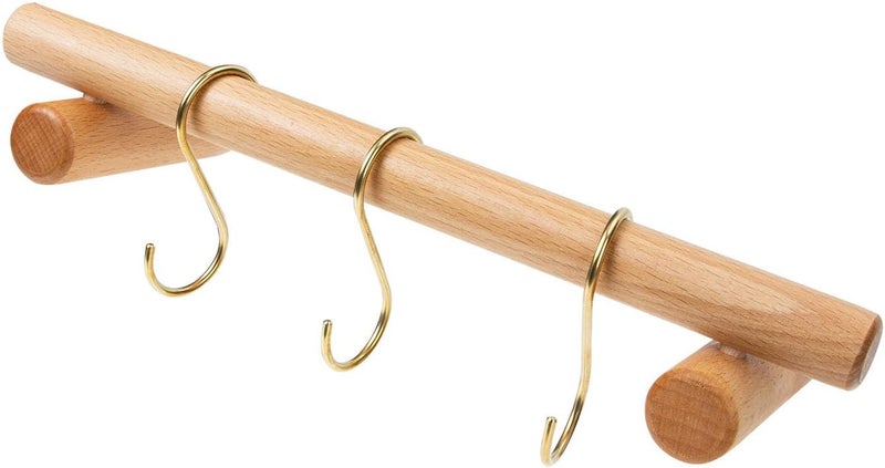 Wooden Towel Rack Wall-Mounted Bathroom Towel Holder 30cm Beech Wood Single Bar with 3 Brass S Hooks for Bathroom and Kitchen - Image 1