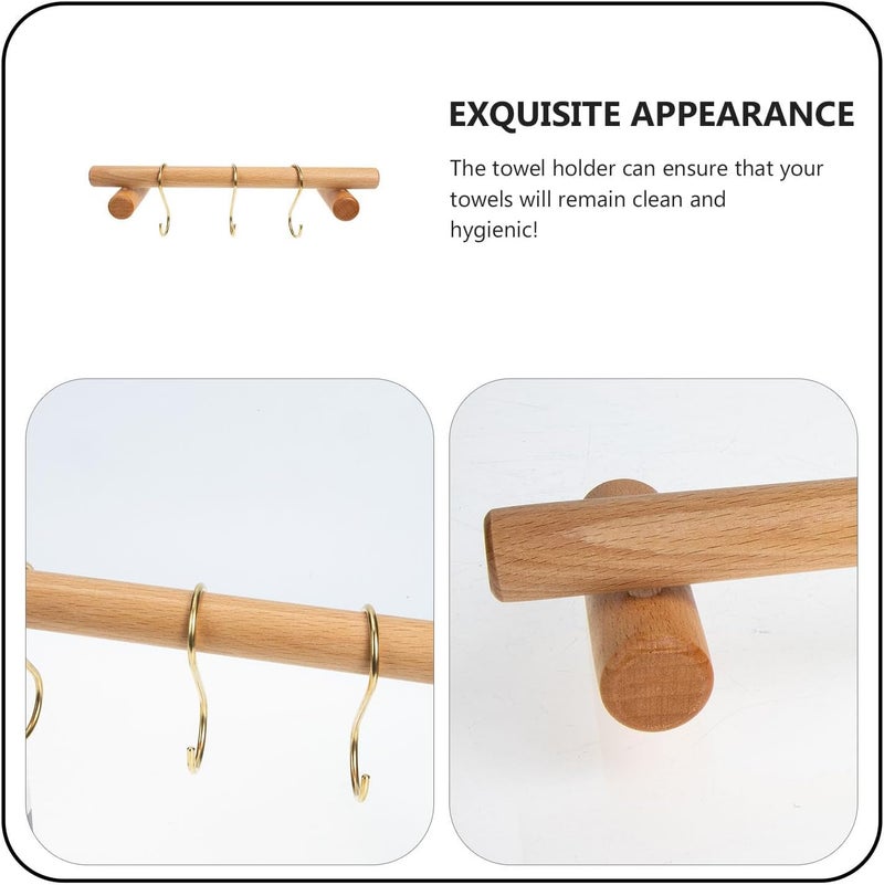 Wooden Towel Rack Wall-Mounted Bathroom Towel Holder 30cm Beech Wood Single Bar with 3 Brass S Hooks for Bathroom and Kitchen - Image 5