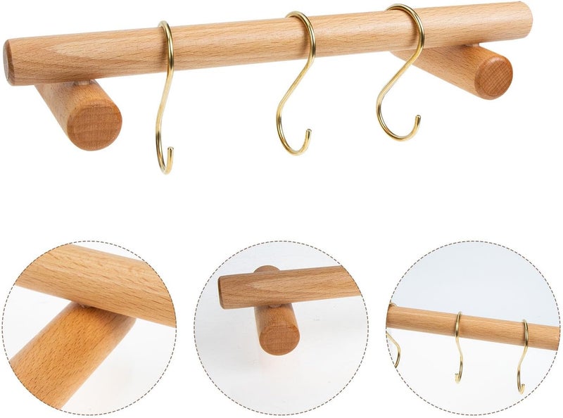 Wooden Towel Rack Wall-Mounted Bathroom Towel Holder 30cm Beech Wood Single Bar with 3 Brass S Hooks for Bathroom and Kitchen - Image 4