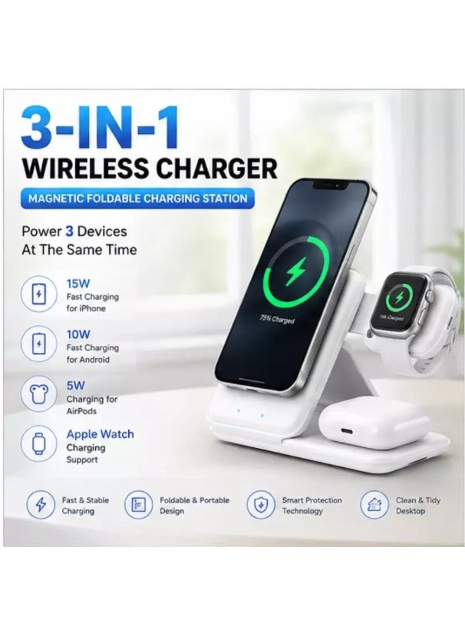 شاحن لاسلكي مغناطيسي 3 في 1، محطة شحن قابلة للطي - قاعدة شحن لاسلكي سريع لأجهزة iPhone و Apple Watch و AirPods | حامل شحن محمول للسفر - Image 2