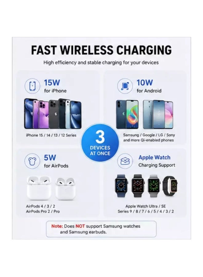 شاحن لاسلكي مغناطيسي 3 في 1، محطة شحن قابلة للطي - قاعدة شحن لاسلكي سريع لأجهزة iPhone و Apple Watch و AirPods | حامل شحن محمول للسفر - Image 3