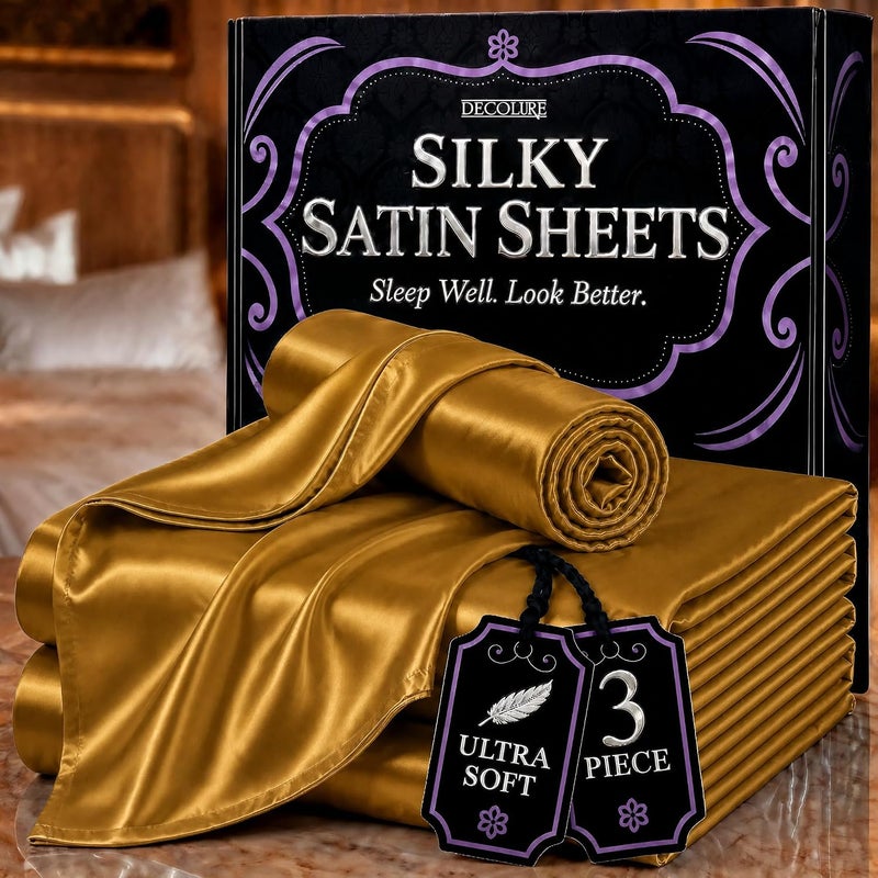 DECOLURE Satin Bed Sheets - 3 Piece Luxury Silky Twin Size Bedding Set - Softer Than Silk, Wrinkle-Free with 15” Deep Pocket Fitted Sheet, Perfect for Hair & Skin, Gifts for Women (Gold) - Image 1