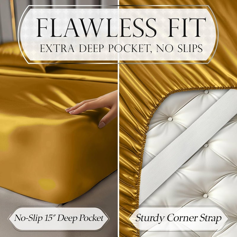 DECOLURE Satin Bed Sheets - 3 Piece Luxury Silky Twin Size Bedding Set - Softer Than Silk, Wrinkle-Free with 15” Deep Pocket Fitted Sheet, Perfect for Hair & Skin, Gifts for Women (Gold) - Image 4