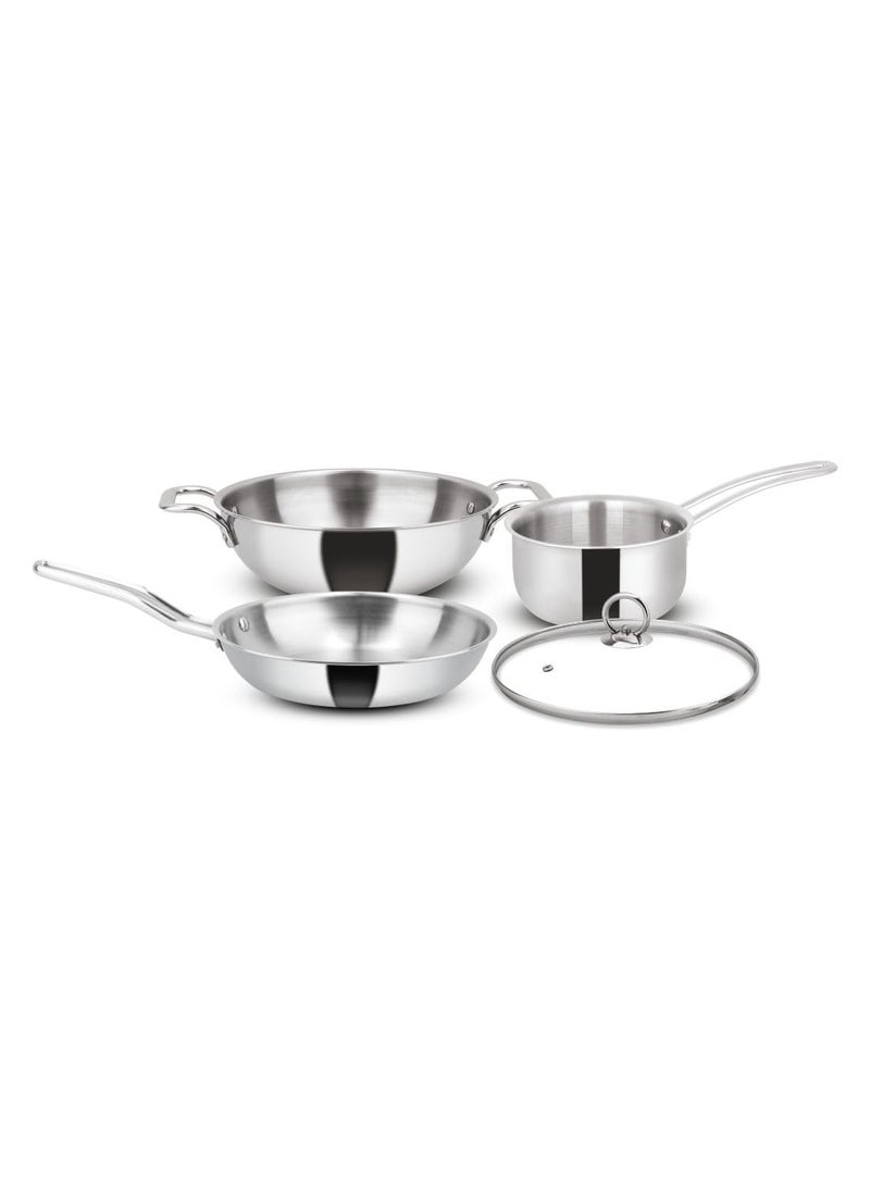 Orange Orange Triply Stainless Steel Cookware 4 Pc Combo Set | 1Pc Deep Kadai(24cm/3Ltr), 1Pc Fry Pan(22cm/1.5Ltr), 1Pc Sauce Pan((14cm/1.8ltr) with 1Pc Sturdy Glass Lid | Induction Friendly | Silver  - Image 1