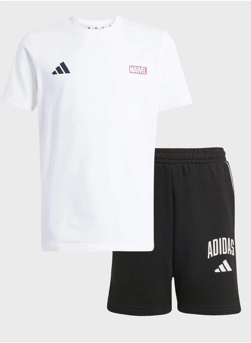 Adidas Youth marvel spider man graphic t-shirt with essential typography shorts
