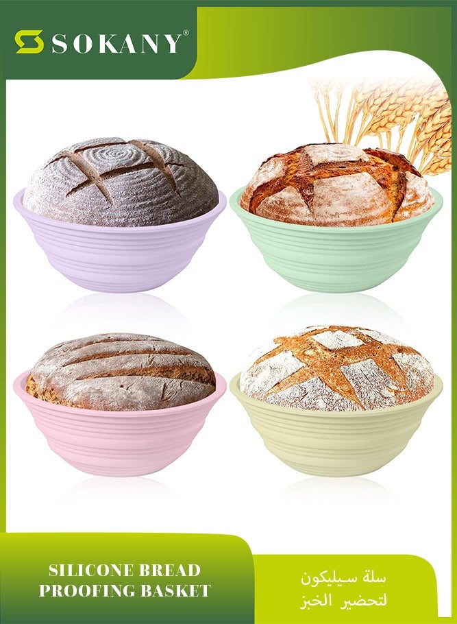 sokany 4Pcs 13cm Bread Proofing Baskets, Sourdough Bread Baking Supplies, Non-Stick Bread Making Tools, Ideal Gift for Bakers, Purple, Pink, Yellow, Green - Image 1