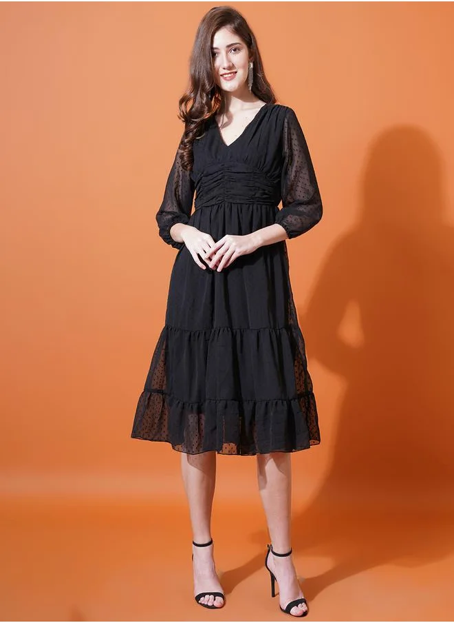 U&F Dobby V Neck Tiered Midi Dress by Styli