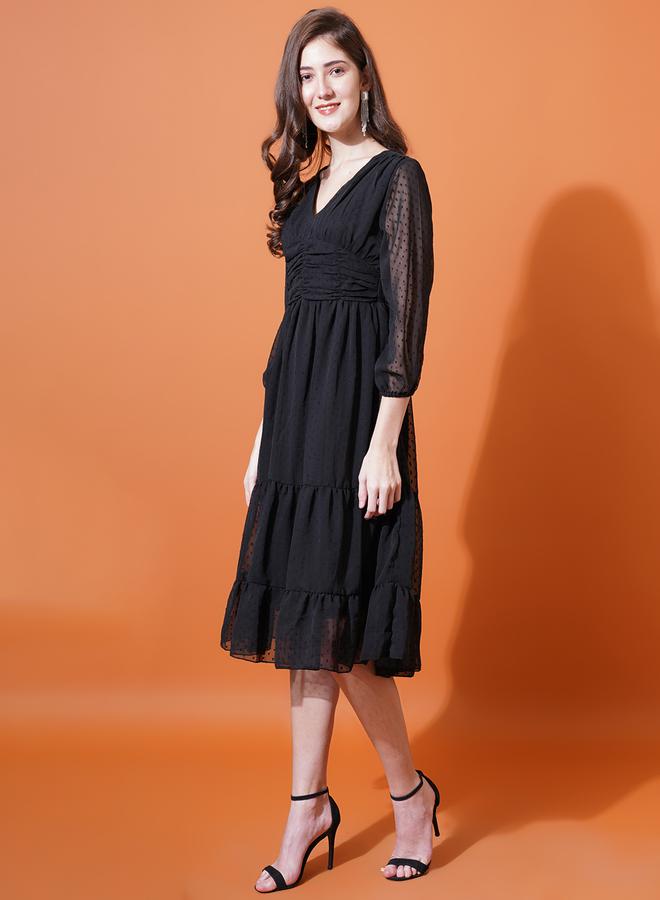 U&F Dobby V Neck Tiered Midi Dress - Image 1