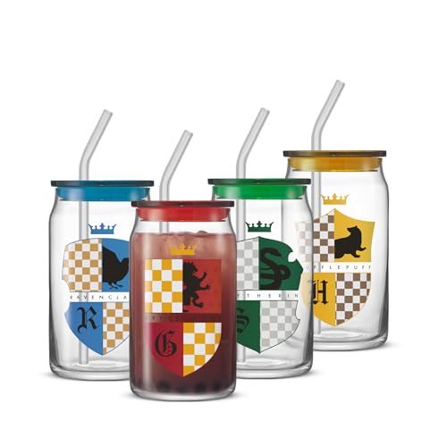 JoyJolt Harry Potter House Crests Glass Tumblers with Lids and Straws 16oz Glass Cups with Lids and Straws Can Shaped Drinking Glasses Set of 4 Hogwarts Cup Harry Potter Merchandise - Image 1