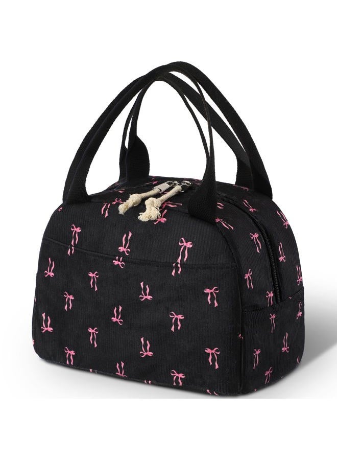 Dansydaisy Black and Pink Bow Lunch Bag Cute Corduroy Insulated Pink Bow Lunch Box for Women Coquette Tote Bag Reusable Large Capacity Cooler Containers Preppy Stuff Gifts for Picnics Travel Outdoor - Image 1