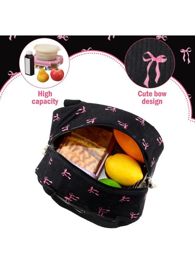 Dansydaisy Black and Pink Bow Lunch Bag Cute Corduroy Insulated Pink Bow Lunch Box for Women Coquette Tote Bag Reusable Large Capacity Cooler Containers Preppy Stuff Gifts for Picnics Travel Outdoor - Image 4