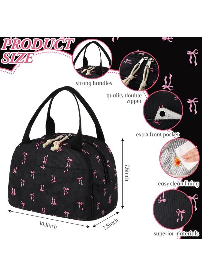 Dansydaisy Black and Pink Bow Lunch Bag Cute Corduroy Insulated Pink Bow Lunch Box for Women Coquette Tote Bag Reusable Large Capacity Cooler Containers Preppy Stuff Gifts for Picnics Travel Outdoor - Image 2