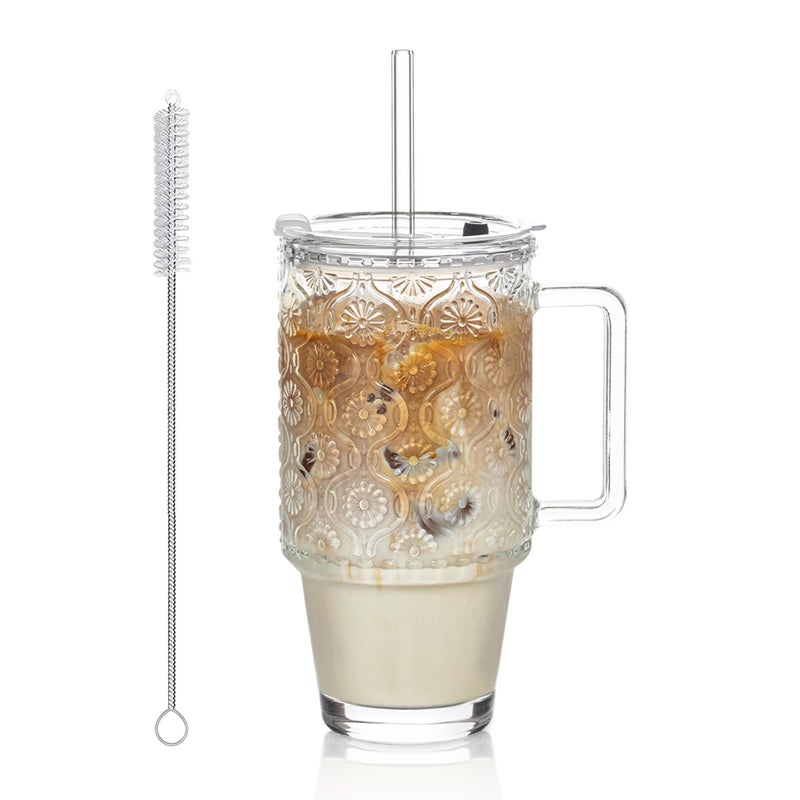 KEMORELA 24 Oz Ribbed Glass Tumblers with Lids and Straws Tumbler Cup with Handle Iced Coffee Glassware Clear Reusable Drinkware for Smoothies and Beverages1