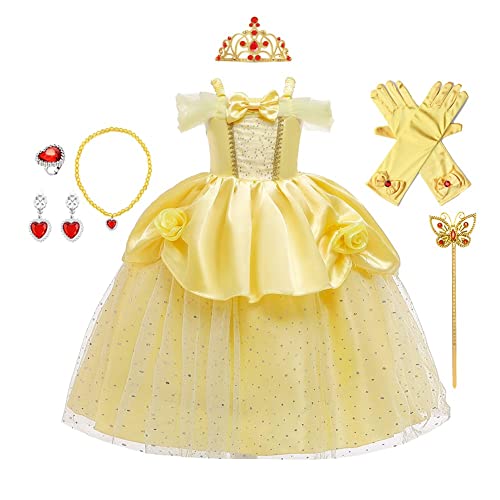 HIHCBF Girls Beauty and The Beast Costume Belle Princess Birthday Party Christmas Halloween Fancy Dress w/Accessories Set Yellow 004 3-4T - Image 1