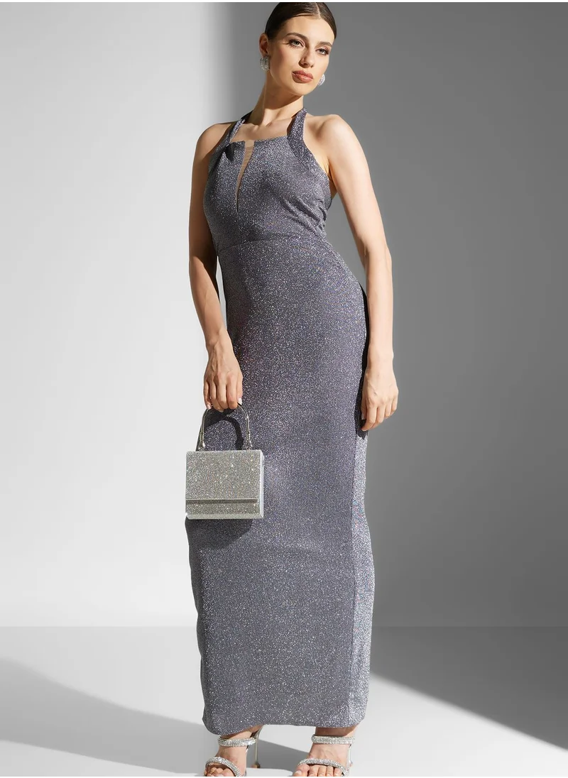 Namshi x Dana Shimmer Cross Neck Halter Dress