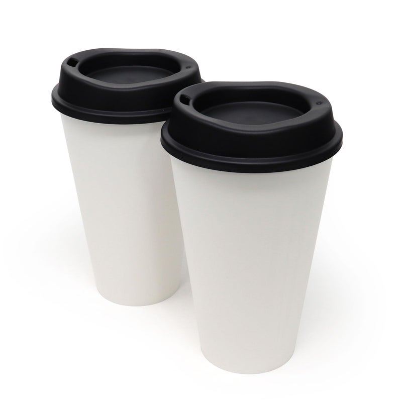 Rolling Sands USA Made 16 oz Reusable Coffee Cups with Lids 2 Pk  To Go Travel Cups  Hot or Cold Drinks  Dishwasher and Microwave Safe  White Cups  Black Lids - Image 1
