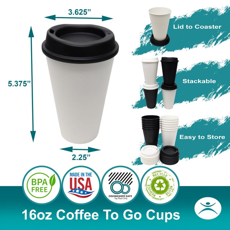 Rolling Sands USA Made 16 oz Reusable Coffee Cups with Lids 2 Pk  To Go Travel Cups  Hot or Cold Drinks  Dishwasher and Microwave Safe  White Cups  Black Lids - Image 2