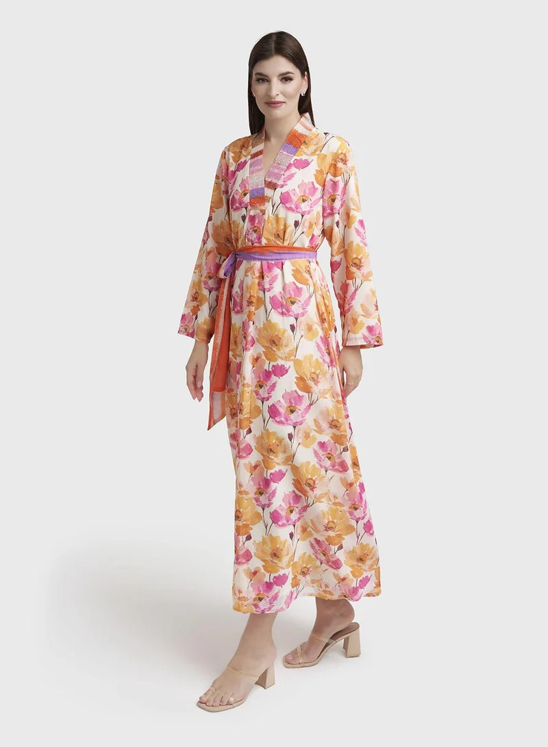 Kashkha  Mustard and Pink Georgette Floral Print Dress (VW299) for Women | Best Price UAE