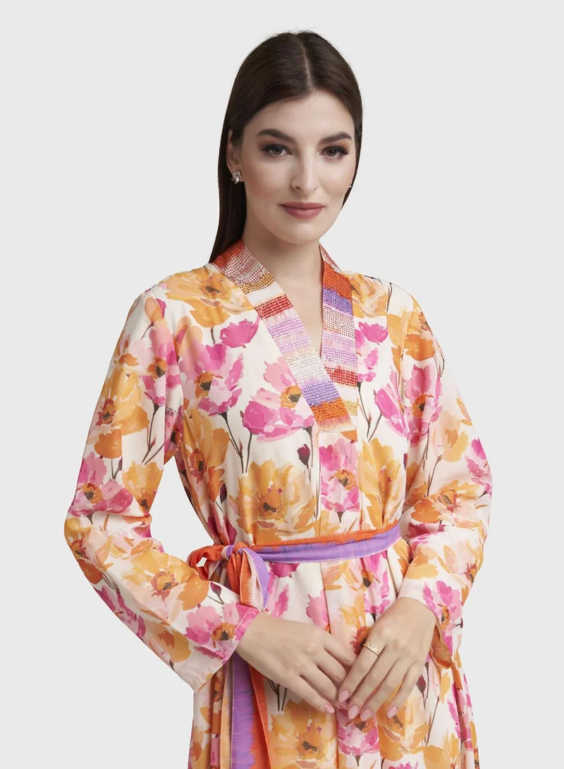 Kashkha  Mustard and Pink Georgette Floral Print Dress (VW299) for Women | Best Price UAE