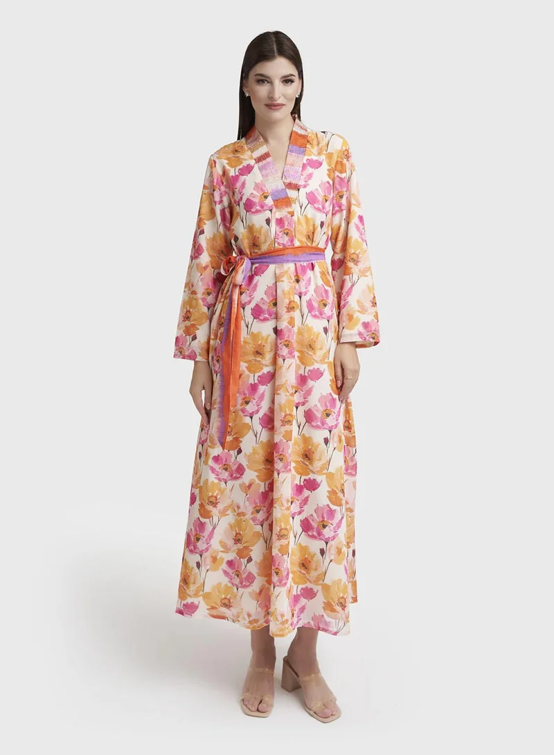 Mustard and Pink Georgette Floral Print Dress (VW299)
