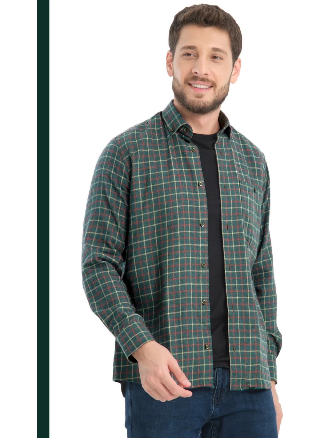 Varetta Men's Dark Green Checkered Winter Woolen Pocket Wide Cut Shirt