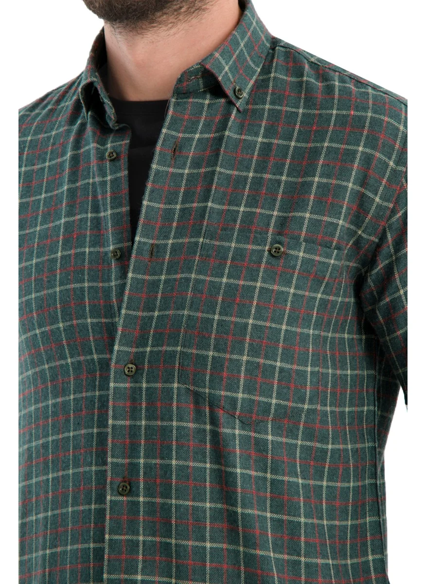 Varetta Men's Dark Green Checkered Winter Woolen Pocket Wide Cut Shirt