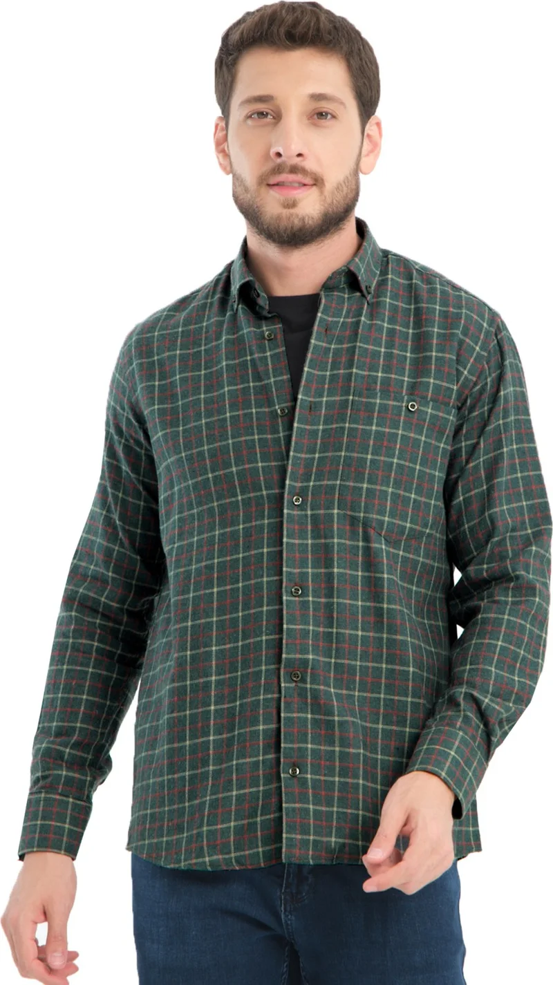 فاريتا Men's Dark Green Checkered Winter Woolen Pocket Wide Cut Shirt