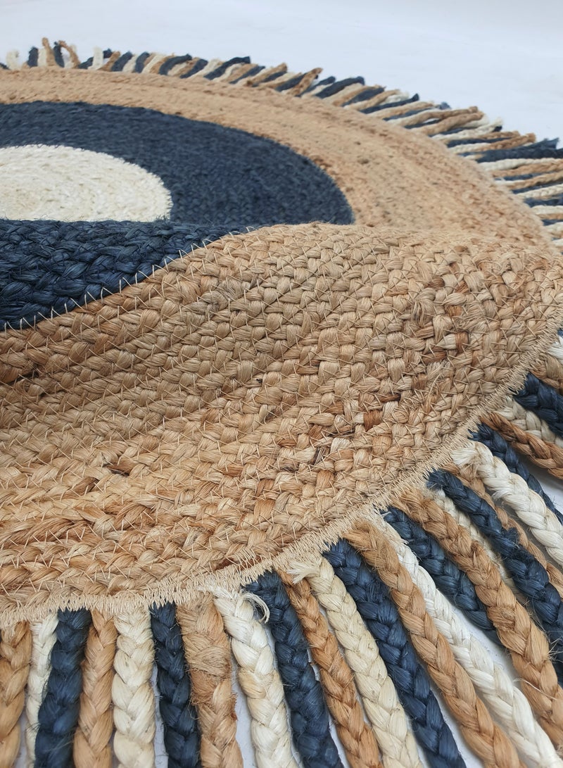 رمشة سجادة الجوت سجادة منطقة مصنوعة يدويًا باللون الأسود والأزرق سجادة مستديرة لغرفة النوم br-001 - Image 4
