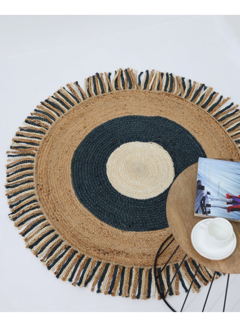 رمشة سجادة الجوت سجادة منطقة مصنوعة يدويًا باللون الأسود والأزرق سجادة مستديرة لغرفة النوم br-001 - Image 5