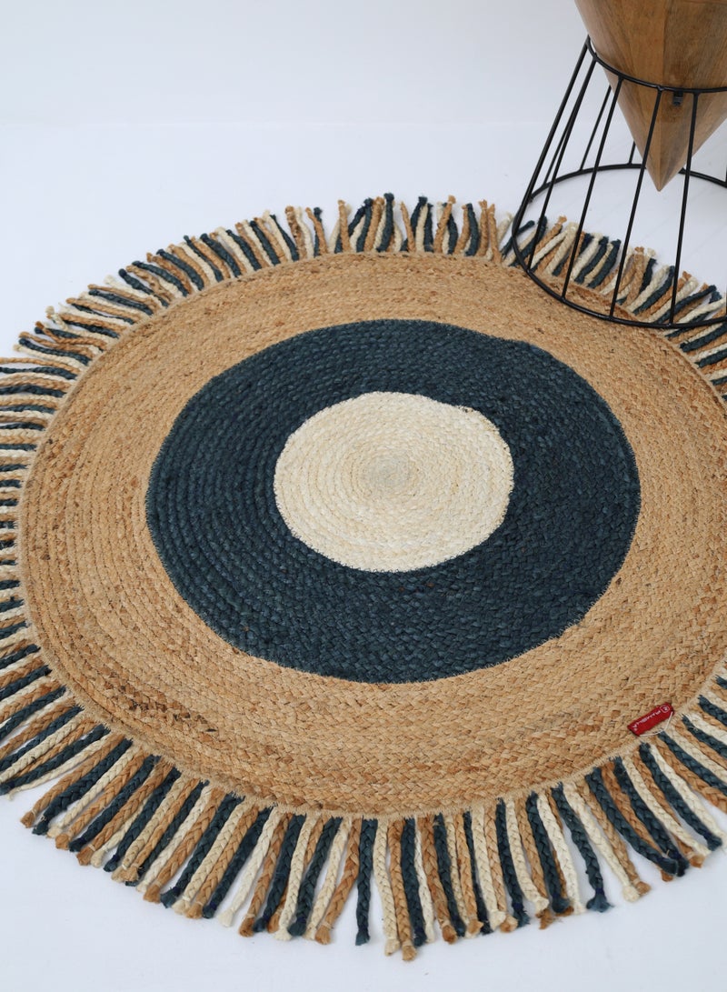 رمشة سجادة الجوت سجادة منطقة مصنوعة يدويًا باللون الأسود والأزرق سجادة مستديرة لغرفة النوم br-001 - Image 2