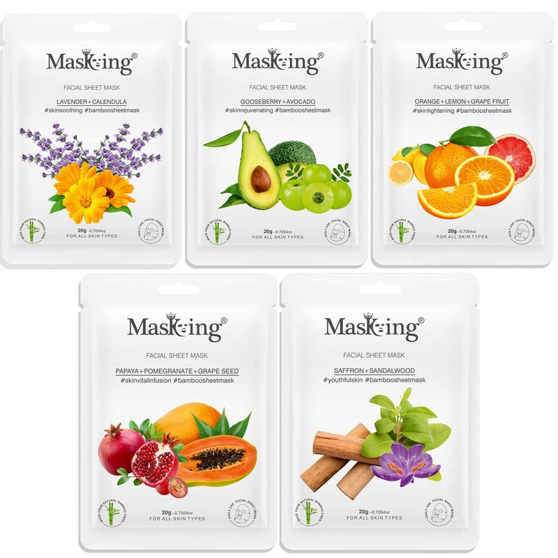 MasKing Bamboo Facial Sheet Mask of Lavender Gooseberry Orange Papaya Neem Ideal for Women Men 100ml Combo Pack of 5 - Image 1