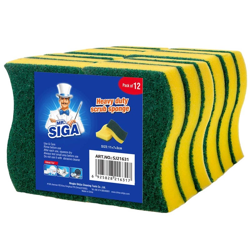 Mr Siga Mr.Siga Heavy Duty Scrub Sponge  Pack Of 12  Size:11 X 7 X 3 Cm  4.3"" X 2.8"" X 1.2"" - Image 1