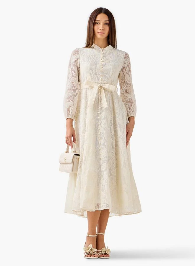 2Xtremz 2Xtremz A-line Midi Dress with Paisley Embroidery and Tie-Up Belt