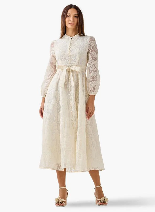 2Xtremz 2Xtremz A-line Midi Dress with Paisley Embroidery and Tie-Up Belt