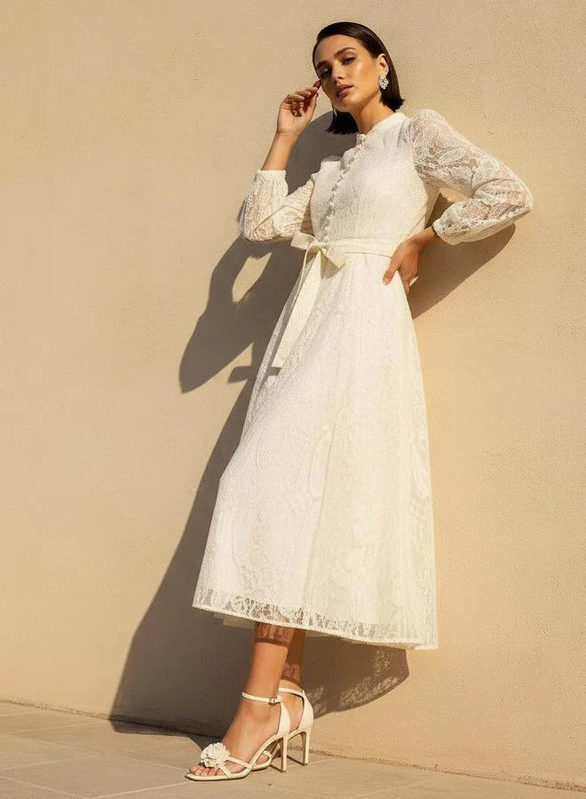 تواكستريمز 2Xtremz A line Midi Dress with Paisley Embroidery and Tie Up Belt