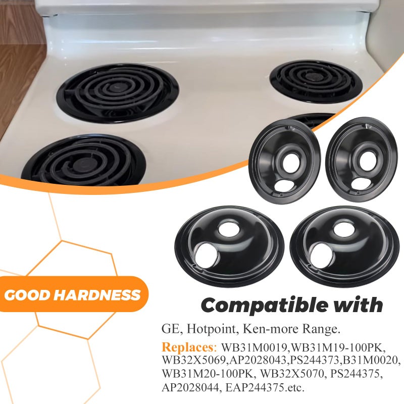 Blutoget Wb31M20 Wb31M19 Porcelain Drip Pans By Blutoget - Compatible For Ge Hotpoint Range Cooktop - Includes 2 6-Inch And 2 8-Inch Black Drip Pans - 4 Pack (Black Porcelain) - Image 5