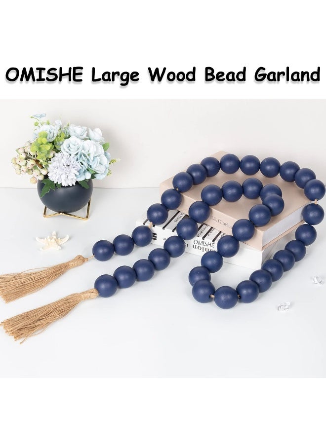 OMISHE OMISHE 76" Long Large Wood Bead Garland Navy Blue with 1.6" Diameter Wooden Beads and Tassels, Rustic Farmhouse Country Wood Beads Garland for Home Decor, Decorative Beads with Tassels Navy Blue  - Image 5