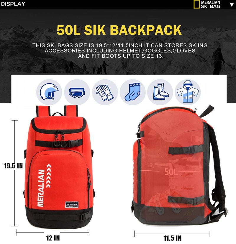 MERALIAN Ski Boot Bag - 50L Ski Boot Travel Backpack Waterproof Snowboard Boot Backpack for Travel Stores Gear Including Helmet, Goggles and Outerwear.(Red-03) - Image 4